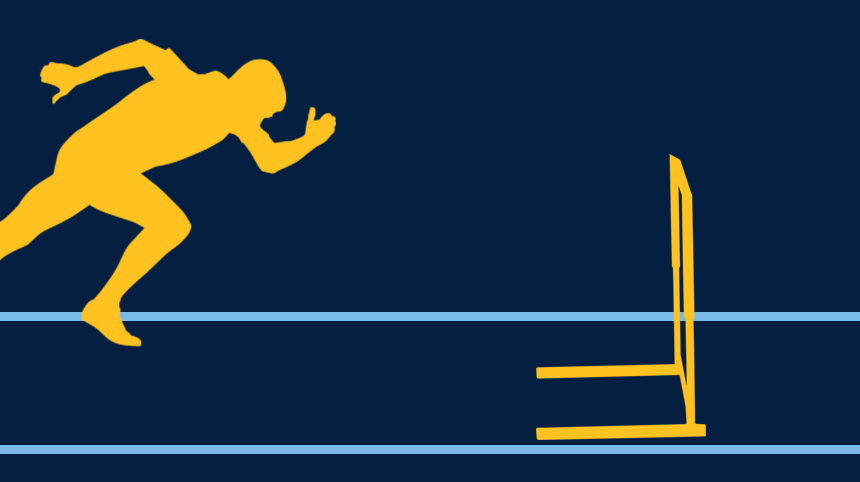 A yellow silhouette of a person running towards a hurdle