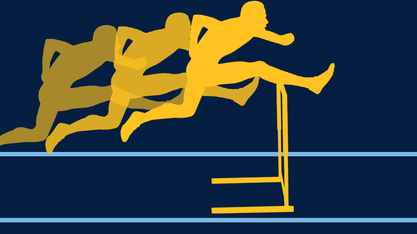 A yellow silhouette of a person jumping over a hurdle